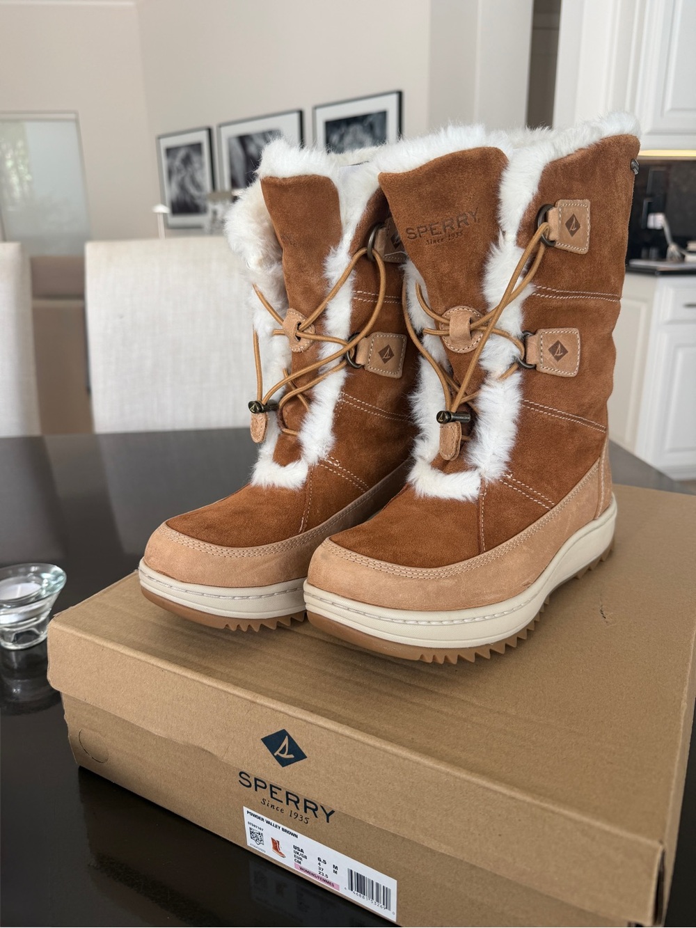 Sperry Women’s Powder Valley Brown Suede Faux-Fur Boots New In Box Size 6.5